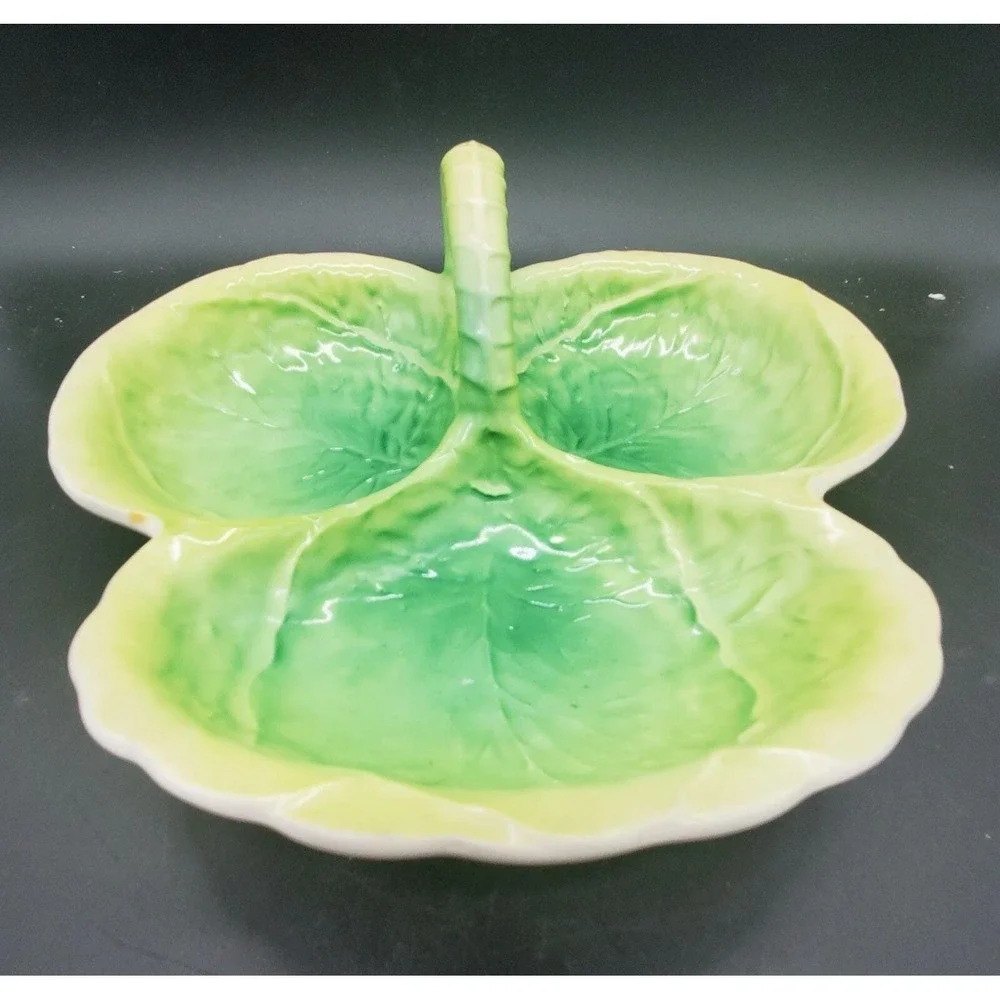 Vintage Green Czechoslovakia Handled Ceramic Dish Bowl‎ Leaf Hand Painted 9